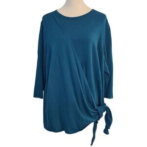 J Jill Womens 3X Teal Tie Front Faux Wrap Cashmere Blend Sweater Office Party